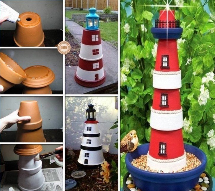 Ma non dimentichiamo che con i vasi di terracotta è possibile creare anche un faro che illumini il vostro giardino di notte!