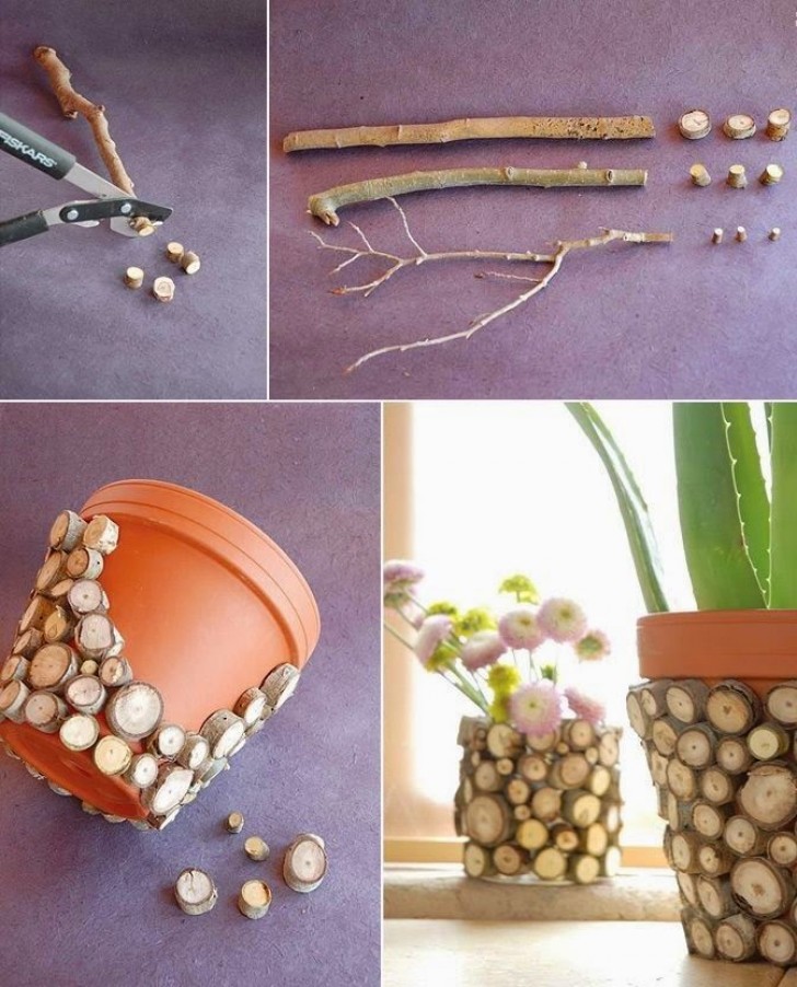 Tagliate a tocchetti dei tronchi di legno e potrete decorare i vostri vasi di terracotta con estro e fantasia