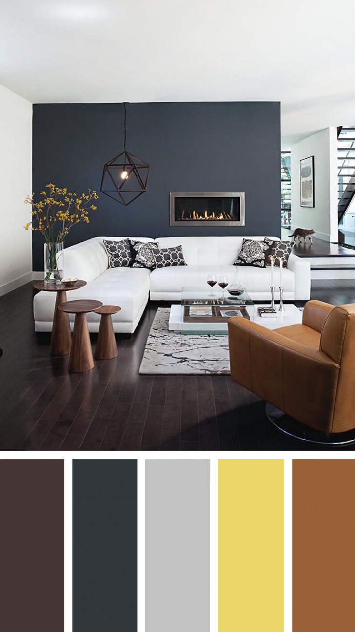 4. Uno spazio moderno in bianco e toni marroni, con una accent wall grigio antracite