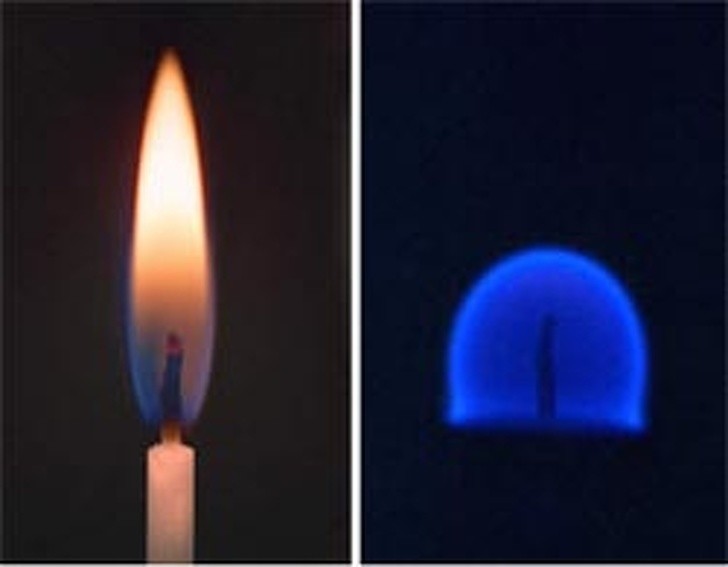 9. Een simpele kaars die brandt op de aarde (links) en in de ruimte (rechts)