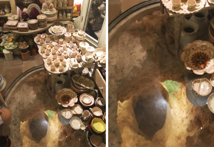 12. In der italienischen Stadt Grottaglie gibt es eine Keramikwerkstatt mit einer sehr tiefen unterirdischen Höhle, deren Eingang mit Glas verkleidet ist