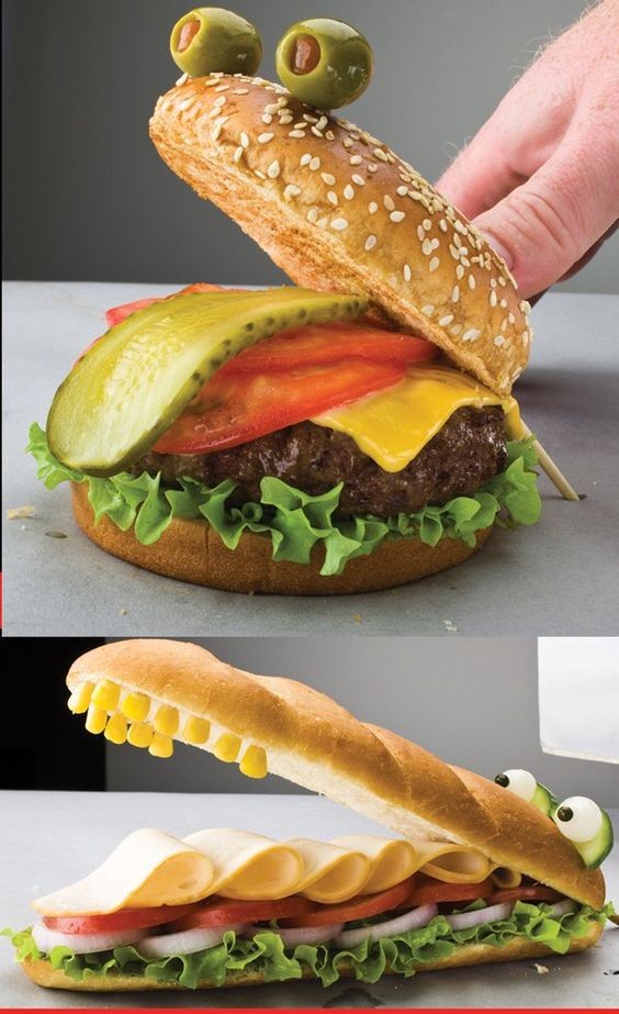 Een broodje hamburger, met sla en kaas kan veranderen in een schattige krokodil... met een wijd opengesperde bek!