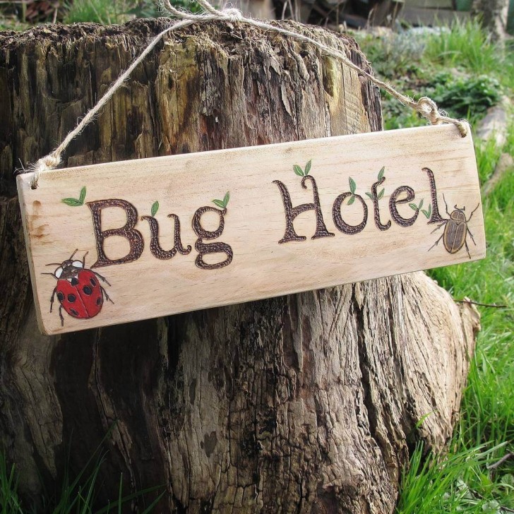 13. Create un Bug Hotel: un luogo dove far prosperare coccinelle, api e tutti gli insetti che fanno bene alla natura, e celebratelo con l'insegna che si merita