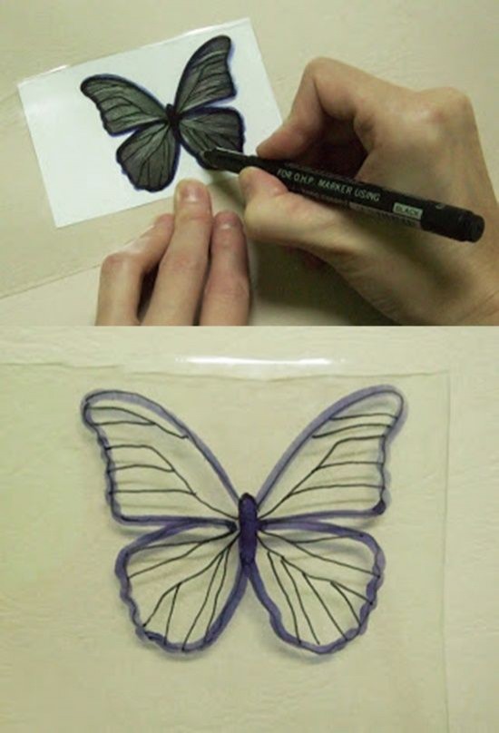 2. Tracciate i contorni della farfalla e poi disegnate tutti i dettagli direttamente sulla plastica