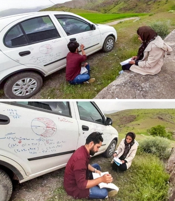 3. Cette enseignante, en Iran, va enseigner dans un village isolé à son seul élève et utilise sa voiture comme tableau