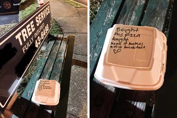 9. På lådan står det "jag har köpt lite pizza, smaklig frukost" till den hemlösa personen som "bor" där