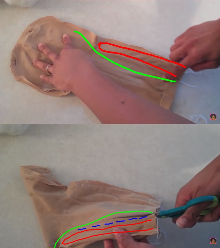 4. Senza ancora tagliare, sagomate il corpo della bambola con un'altra cucitura su entrambi i lati (linea verde), poi tagliate passando tra le due cuciture su ogni lato (linea tratteggiata blu)