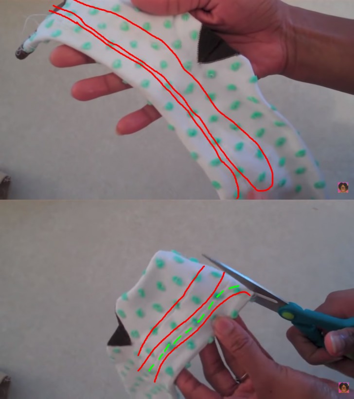 5. Rovesciate dall'interno all'esterno il calzino colorato e fate due cuciture per creare i tubicini che faranno da gambe (linea rossa) e poi tagliate nel mezzo (linea tratteggiata verde)