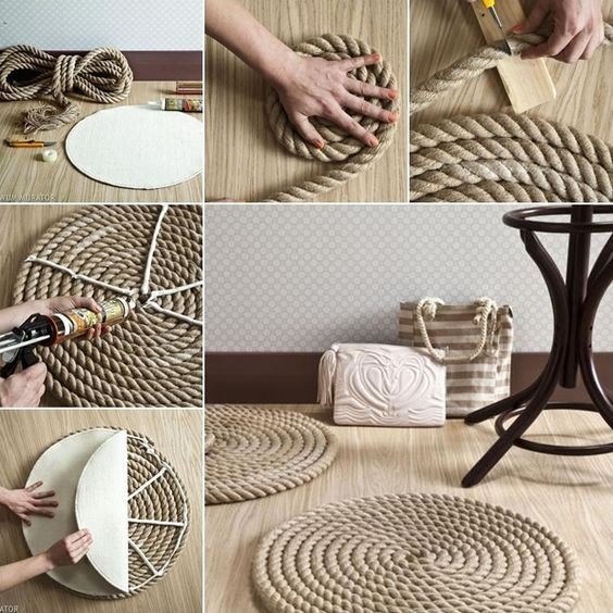 3. Incollando la corda su basi di legno o cartone con della colla appositamente pensata, potremo creare dei fantastici tappeti!