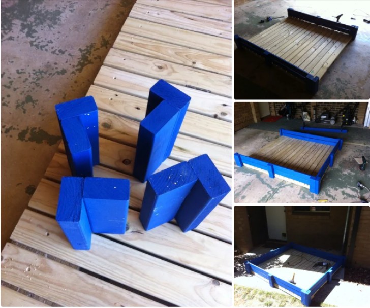 3. Costruite i lati: iniziate assemblando le 4 "L" di legno per gli angoli del lavoro, e procedete installando i bordi di contenimento, con i rinforzi verticali a metà di ogni lato