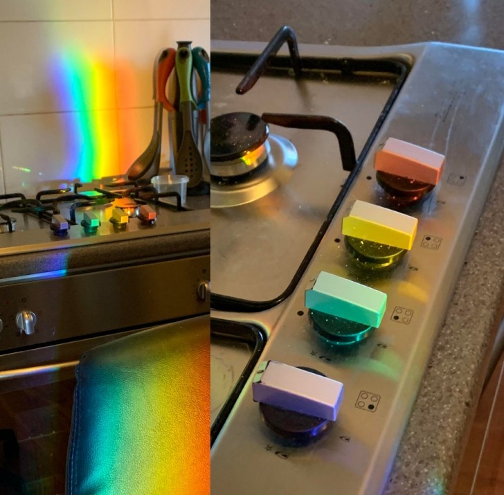 4. Il sole che si riflette attraverso il mio acquario ha creato un perfetto e affascinante arcobaleno sulla cucina: ogni manopola ha un colore diverso!