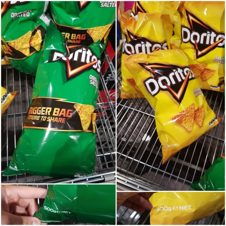 6. Il pacco verde e il pacco giallo contengono la stessa quantità di patatine, peccato che su quello verde ci sia scritto "più grande"