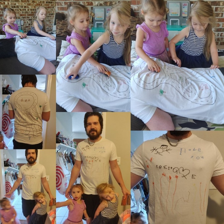 Questo papà ha scoperto che disegnando una pista su una maglietta, può ottenere un massaggio gratuito tenendo occupate le figlie. 