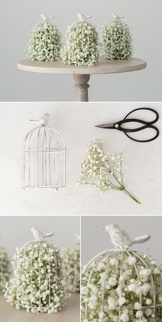 9. Questa è un'idea perfetta per un matrimonio, ma potreste provare a usare anche fiori di campo o altri con le infiorescenze piccole e delicate per creare una nuvola di fiorellini dentro la gabbia