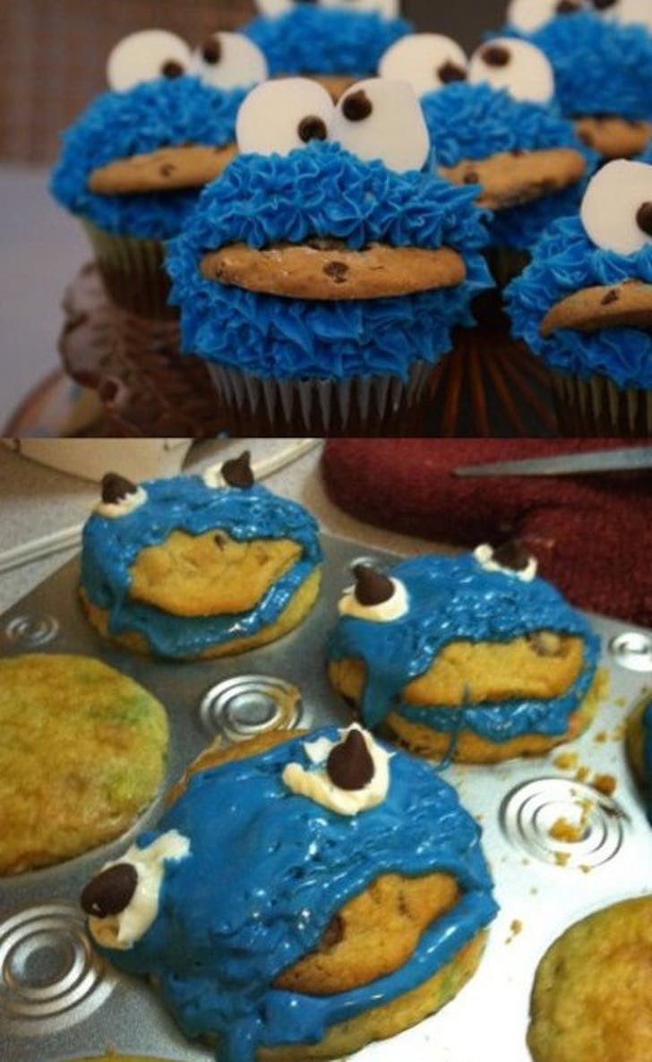 1. Een bijna bewonderenswaardige poging om een ​​cupcake te repliceren met het gezicht van Cookie Monster