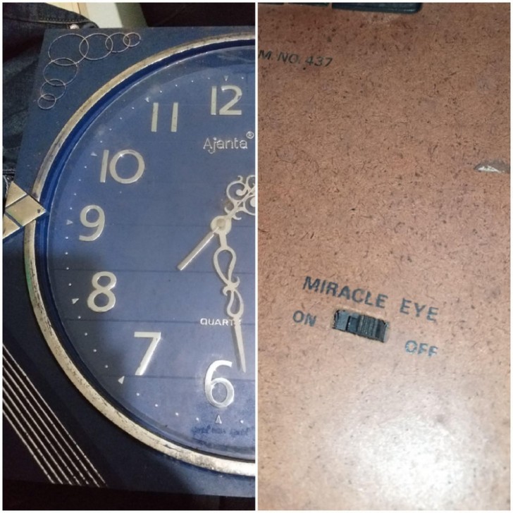 6. Auf der Rückseite dieser alten Uhr befindet sich ein Ein-/Ausschalter mit der kuriosen Aufschrift "Miracle Eye": Ich habe entdeckt, dass er ein Signal ein- und ausschaltet, das zu jeder Stunde ertönt