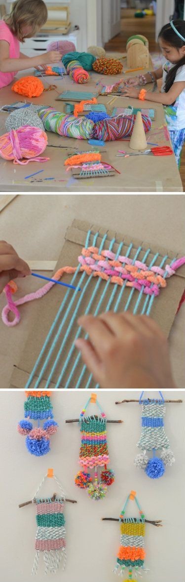 6. Un telaio in miniatura: con due pezzi di cartone, tanti filati colorati e un ago di plastica con la cruna grande i bimbi possono divertirsi tessendo