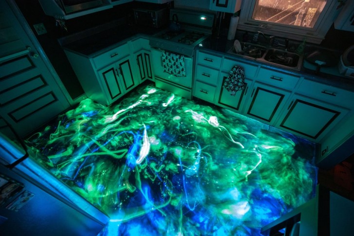 3. Wenn Sie sich entscheiden, fluoreszierende Farbe für den Harzboden der Küche zu verwenden... Wie originell!