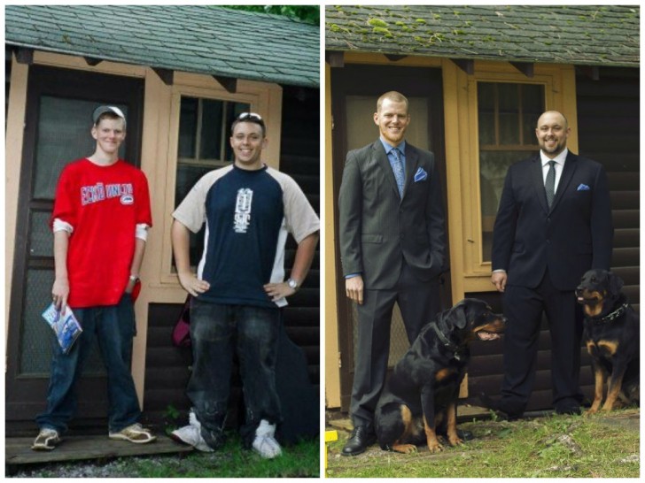Same house in the background, same pose... now we have both have rottweilers and my friend just got married!
