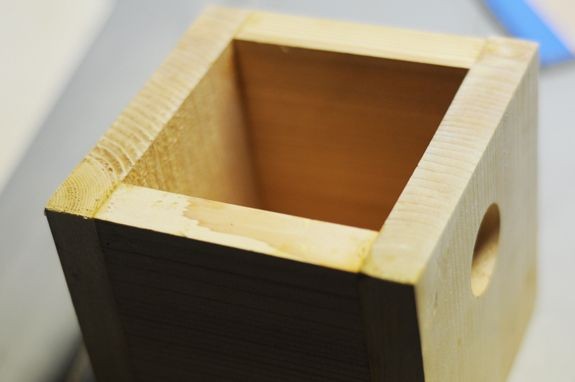 3. Incollate i 4 riquadri di cedro per formare una scatola aperta come questa in foto. Sul fondo usate il pezzo di compensato da 10 cm di lato