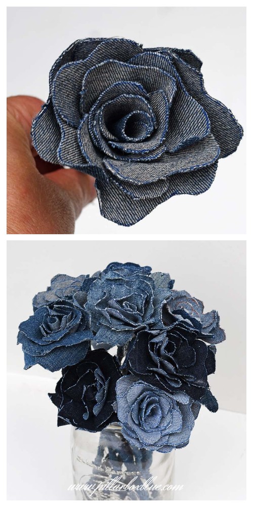 2. Un bouquet di rose: dovrete disegnare petali dalle forme un po' irregolari su jeans, anche di diversi colori e poi incollarli uno per uno attorno a uno stecco di legno rivestito anch'esso di jeans