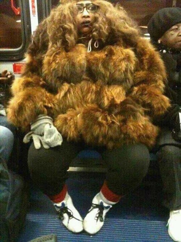 We're not exactly sure if it's a fur coat, or if there's an actual lioness riding the subway...