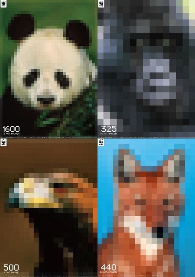 10. Eine berühmte Kampagne von Yoshiyuki Mikami, bei der die Anzahl der Pixel der Anzahl der in der Wildnis verbliebenen Tierarten entspricht