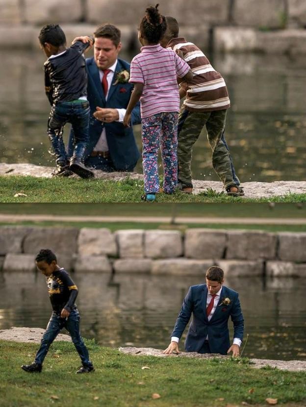 This man was taking wedding photos when he saw this boy fall into the water... he took no time to think about it; he just jumped in and saved him!