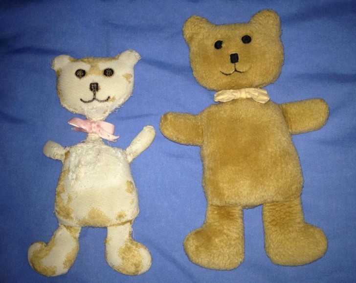13. Même ours en peluche, destins différents : l'un utilisé par moi (à droite) et l'autre par ma sœur (à gauche), achetés ensemble