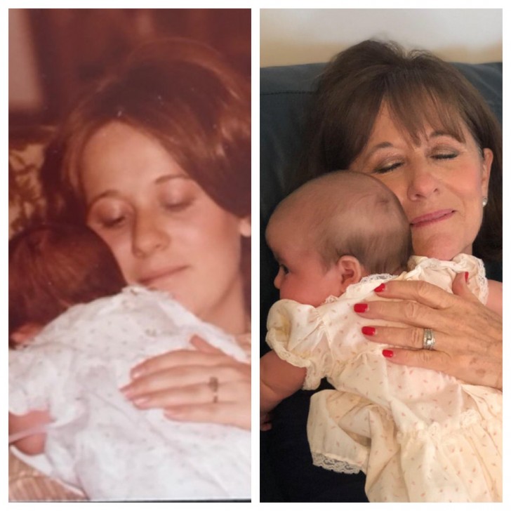 À gauche : ma mère me tient dans ses bras alors que je suis bébé. À droite : ma mère tenant ma fille nouveau-née... :)