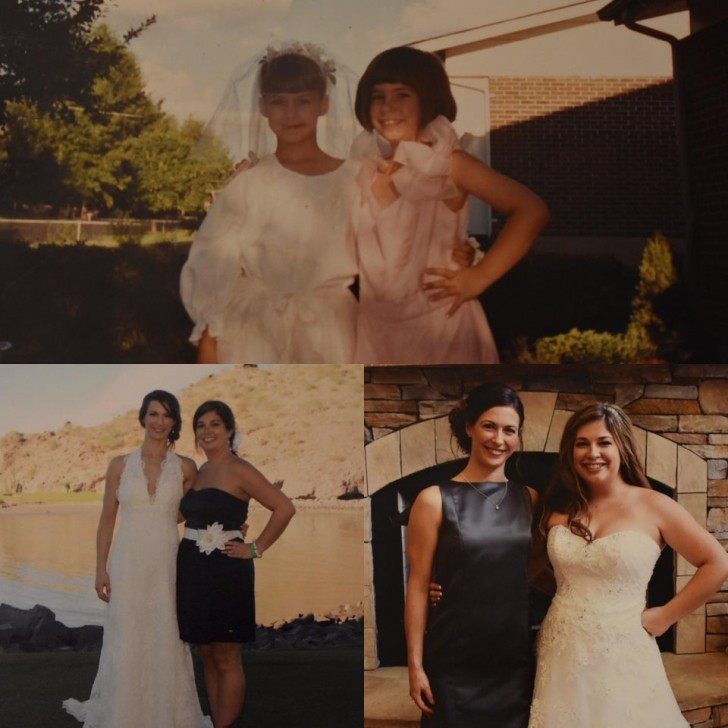 Une amitié qui dure pour toujours : moi et ma meilleure amie en 1986, en 2010 à son mariage, et en 2014 à mon mariage !