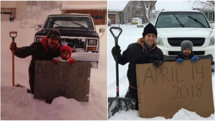 Samma datum, snö igen. Från pappa till son lever generationen vidare...