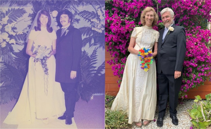 La même photo de mariage pour célébrer ensemble le 50e anniversaire ! Comme c'est tendre !