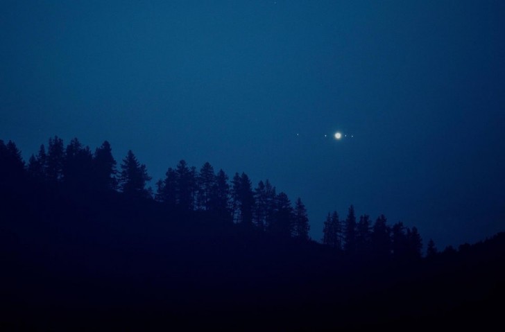 Giove e le sue lune catturate da una straordinaria immagine fotografica in una foresta notturna