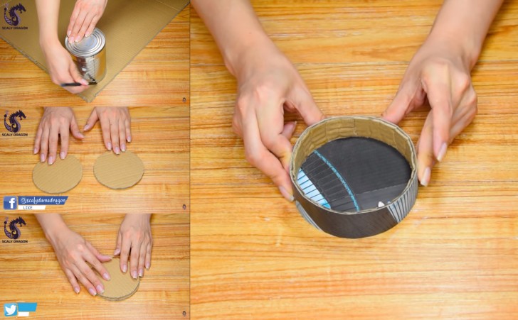 4. Ritagliate due dischi di cartone di un diametro appena più largo rispetto all'apertura del barattolo, incollateli uno sull'altro e cingeteli (usando colla a caldo) con una striscia di cartone: avrete costruito il coperchio