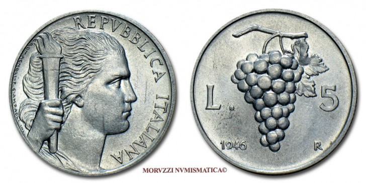 5. Le 5 lire col grappolo d'uva, del 1946