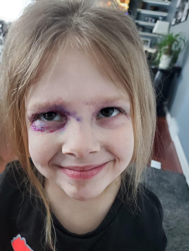 "We're gonna get a visit from child services soon if my daughter keeps putting makeup on herself like this"