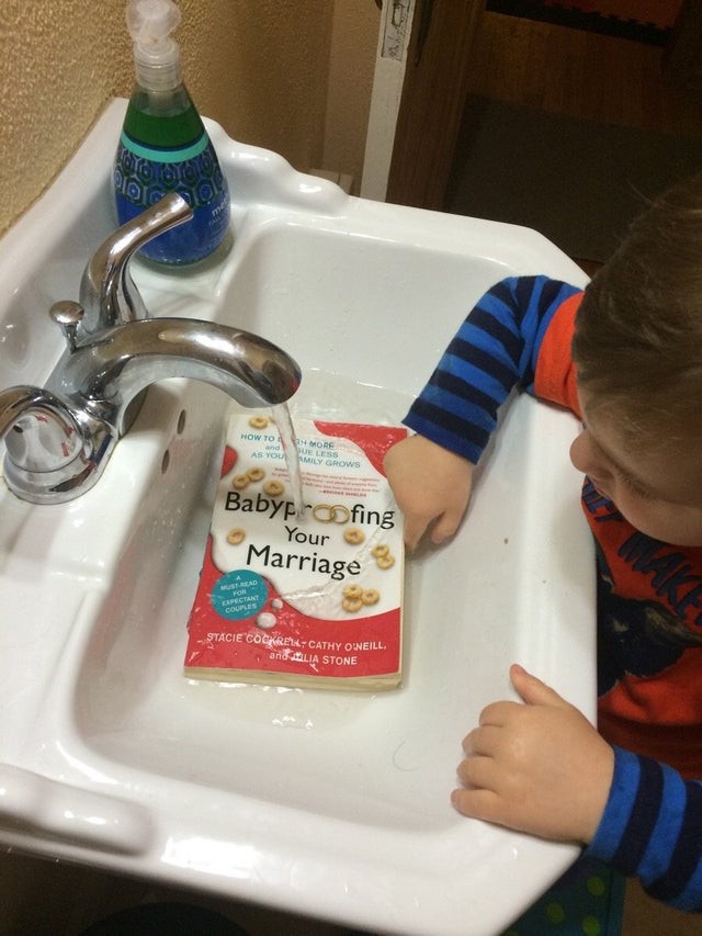 "I found my son in the bathroom washing a book he found..."