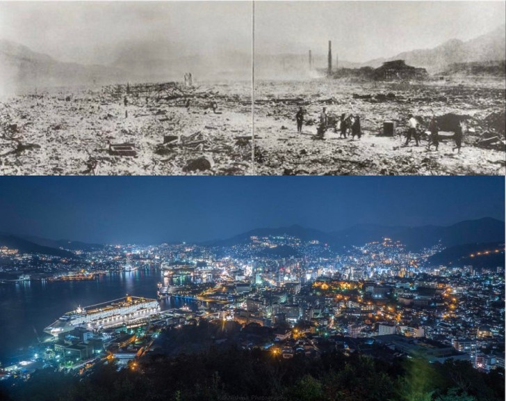 8. Die Stadt Nagasaki unmittelbar nach der Explosion der Atombombe und wie sie heute aussieht