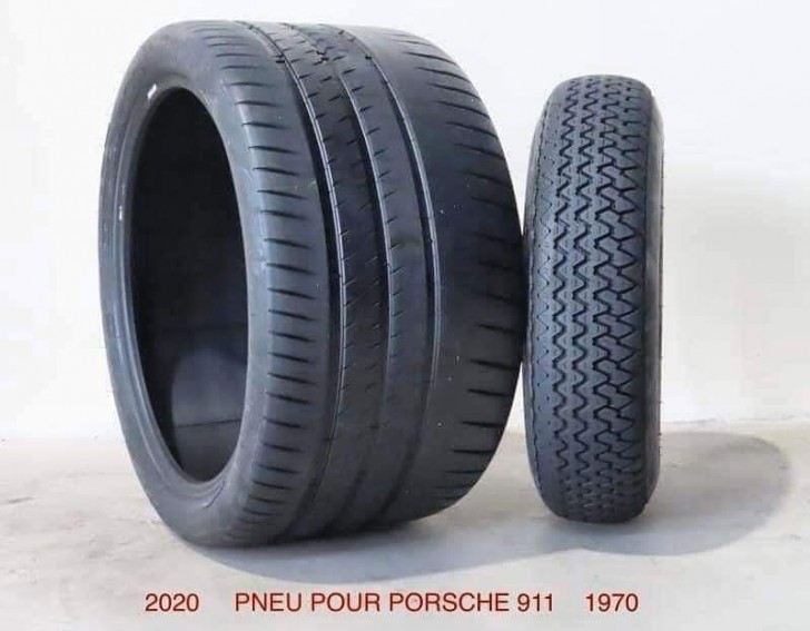9. Un altro confronto sul progresso tecnologico: lo pneumatico di una Porsche del 2020 messo vicino a quello di una del 1970