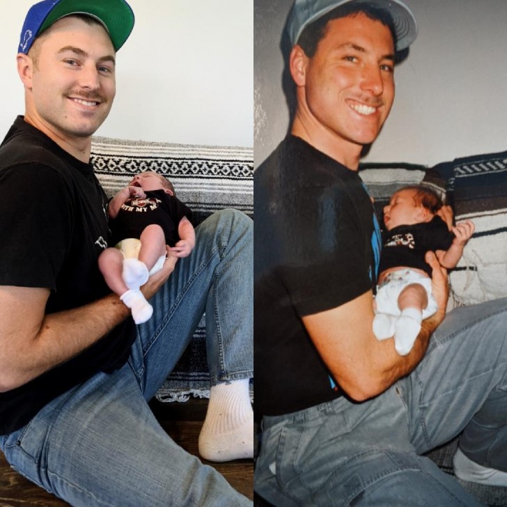 "Moi avec mon bébé, et mon père avec moi dans ses bras"