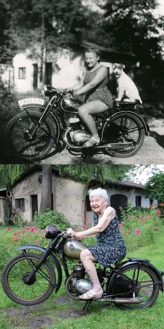 Diese Oma fährt immer noch mit unbestreitbarer Eleganz und Charme Motorrad