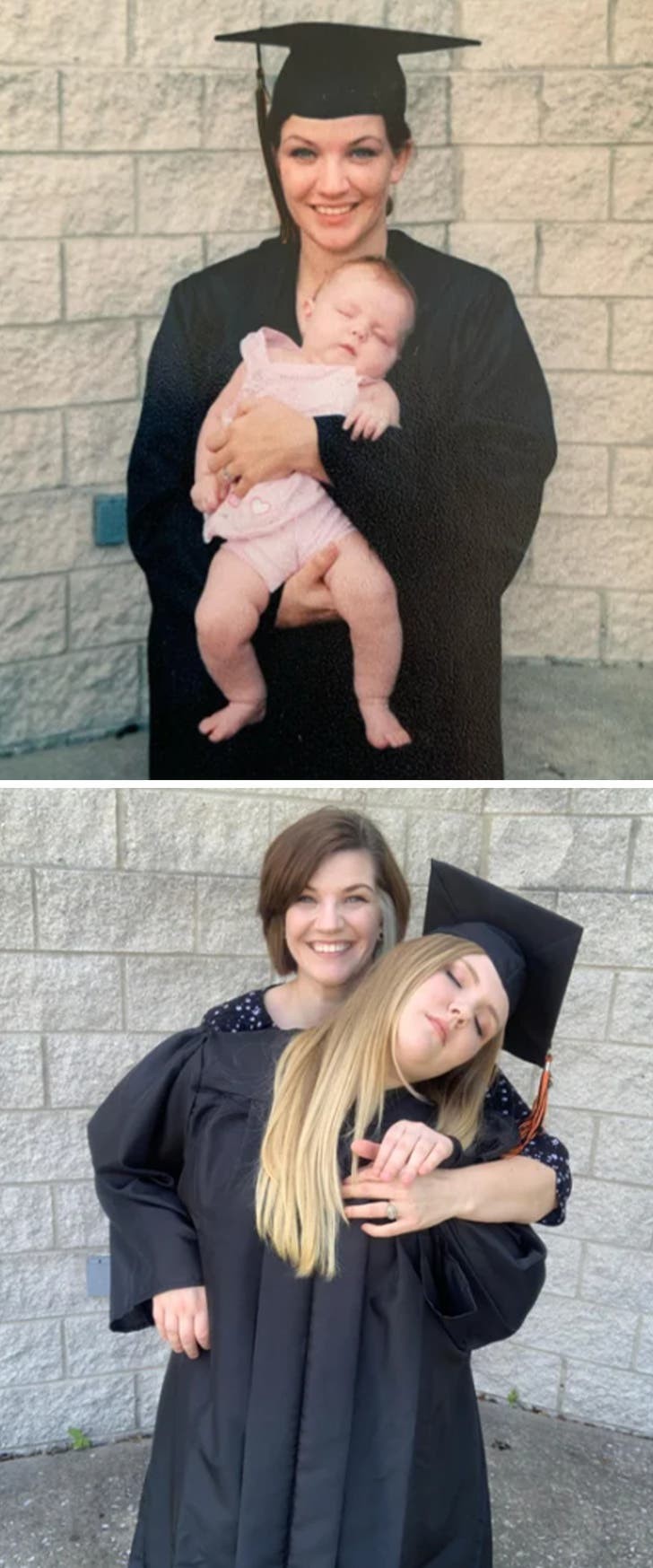 1. "En la primer foto soy yo en el día de la graduación, mientras tengo en brazo a mi hija...¡en la segunda foto es mi hija la que se ha graduado!"