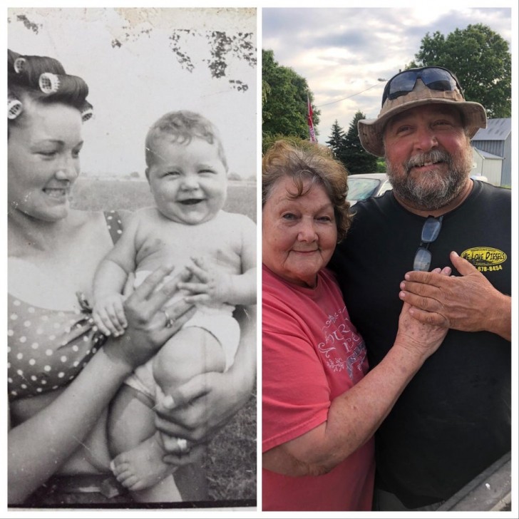 15. "Sur la photo de gauche, ma grand-mère tient mon père dans ses bras en 1966, sur celle de droite... eh bien ce sont toujours ma grand-mère et mon père !"