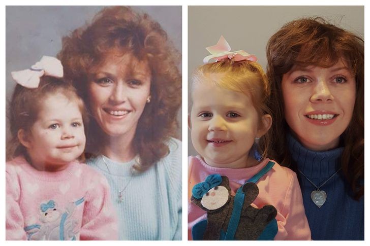 Ma mère avec moi quand j'étais enfant (à gauche) ; ma fille avec moi (à droite) : les générations passent mais se ressemblent...