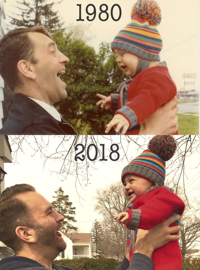 Mon père et moi en 1980, mon fils et moi en 2018 : même pose, même joie !