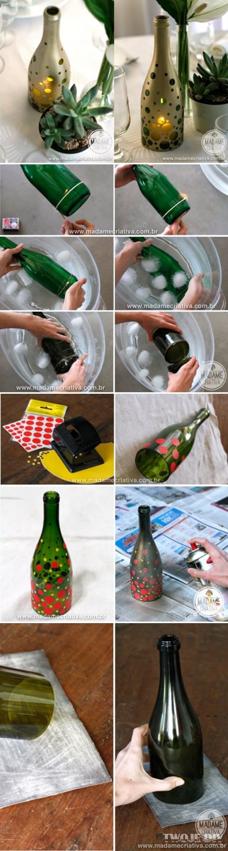 2. Door een fles te snijden en vervolgens stickers en spuitverf te gebruiken ontstaan er stolpen die je als kandelaars kunt gebruiken