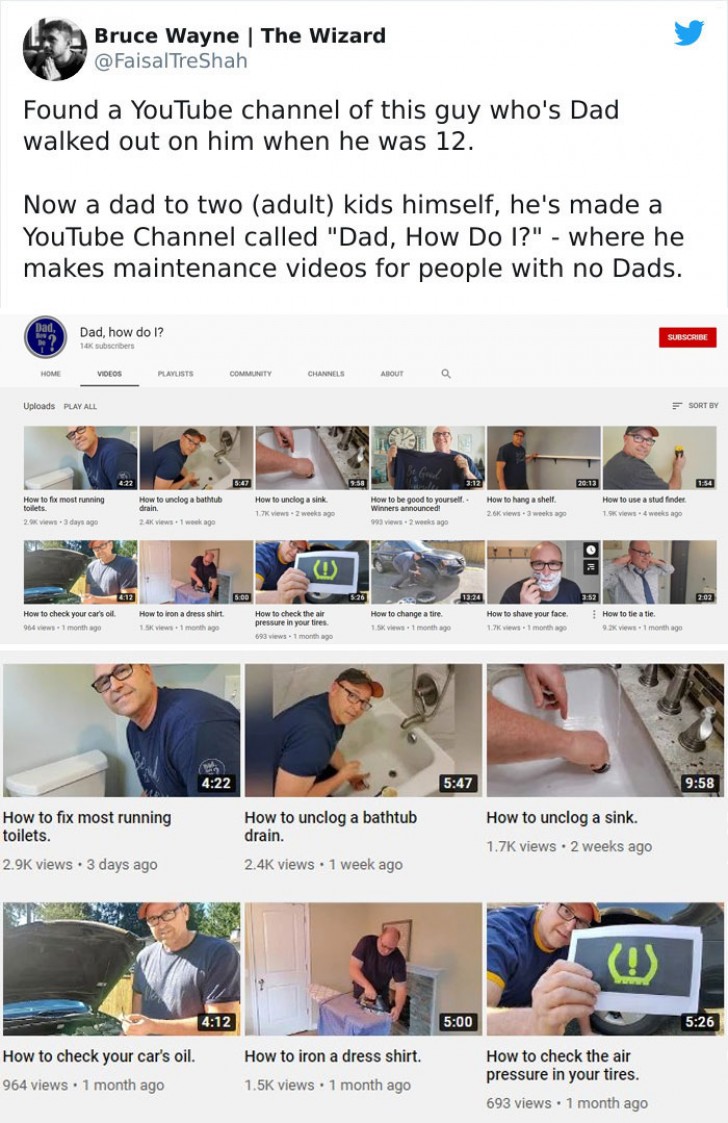 2. Este pai criou um canal no Youtube para ajudar todas as crianças que cresceram sem seus pais a fazer alguns trabalhos domésticos ou apenas fazer a barba