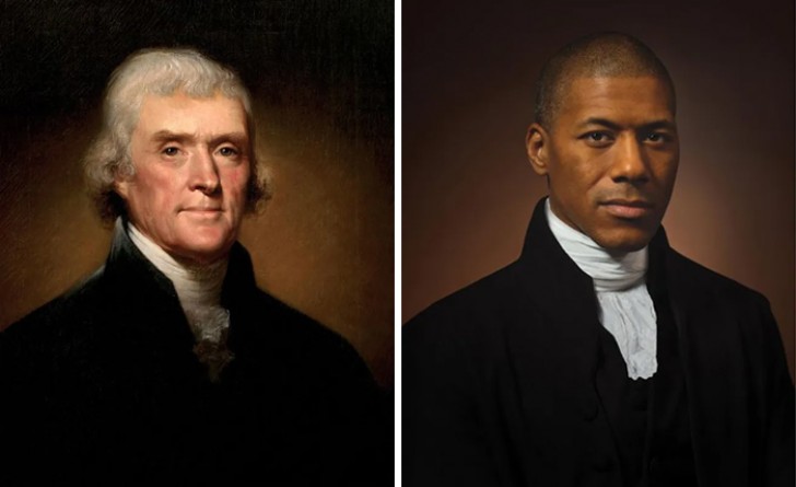 1. Auf der linken Seite ist Thomas Jefferson (1800) zu sehen, während auf der rechten Seite sein sechster Urenkel, Shannon Lanier, zu sehen ist