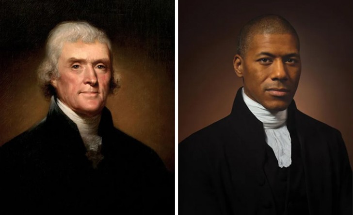 1. Links zien we Thomas Jefferson (1800), en rechts zijn zesde achterkleinzoon, Shannon Lanier